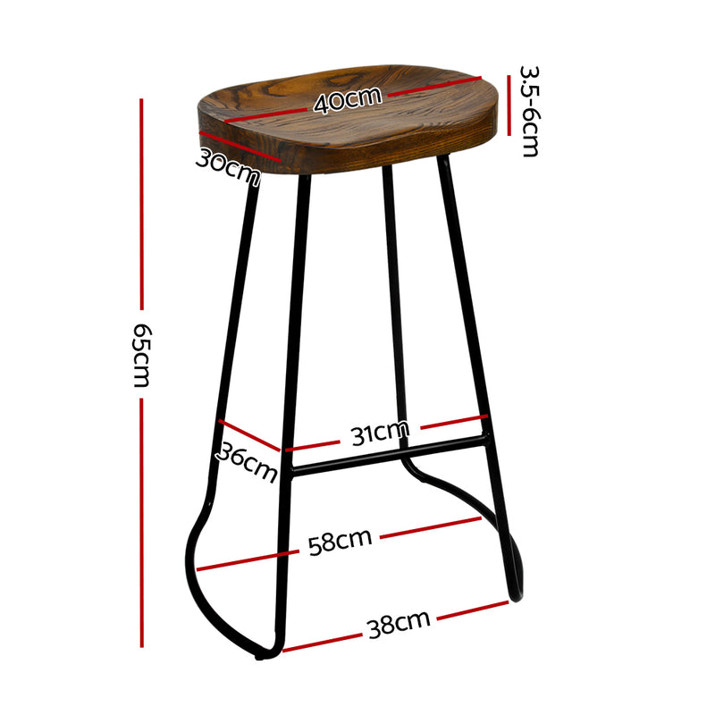 Artiss Set of 2 Elm Wood Backless Bar Stools 65cm - Black and Dark Natural