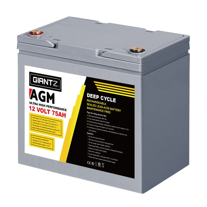 Giantz 75Ah Deep Cycle Battery 12V AGM Marine Sealed Power Portable Box Solar Caravan Camping