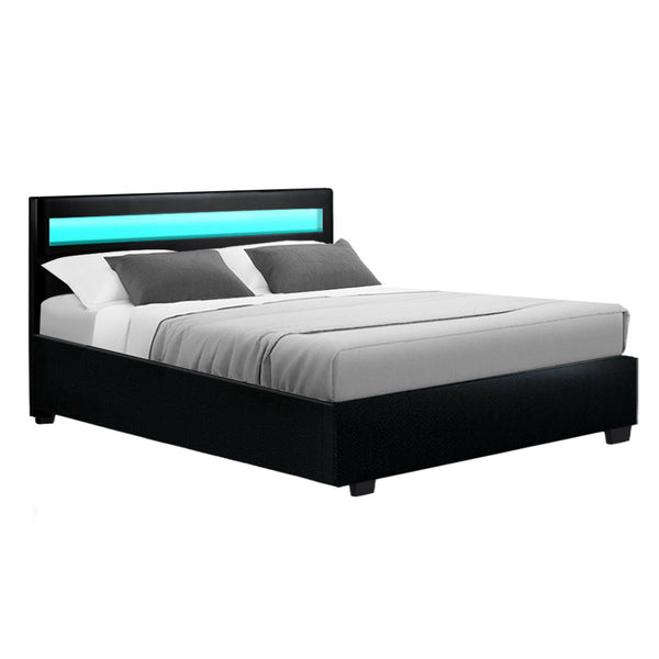 Artiss Cole LED Bed Frame PU Leather Gas Lift Storage - Black Double