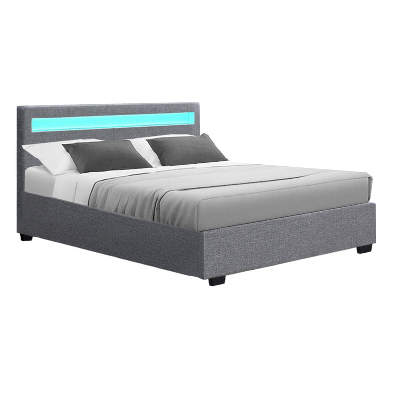 Artiss Cole LED Bed Frame Fabric Gas Lift Storage - Grey Double