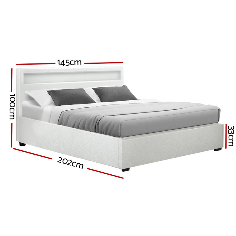 Artiss Cole LED Bed Frame PU Leather Gas Lift Storage - White Double