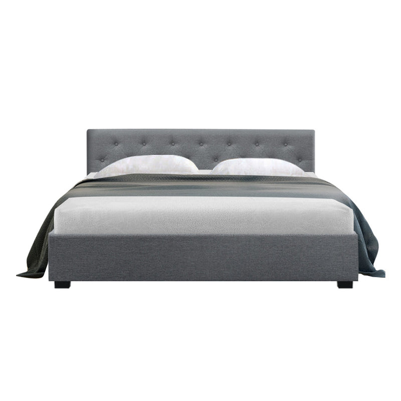 Artiss Vila Bed Frame Fabric Gas Lift Storage - Grey Queen