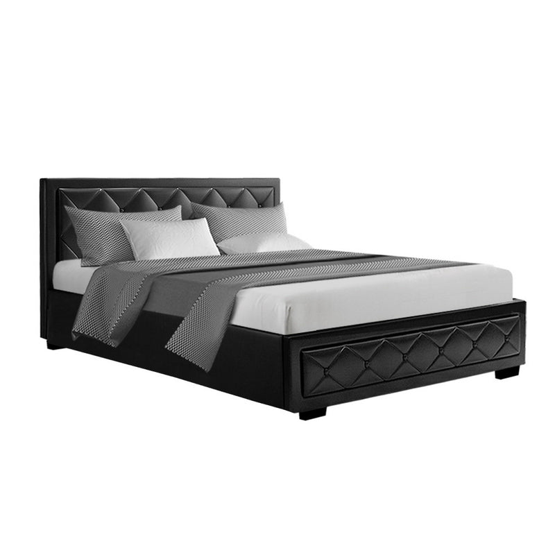 Artiss Bed Frame Double Size Gas Lift Base With Storage Black Leather