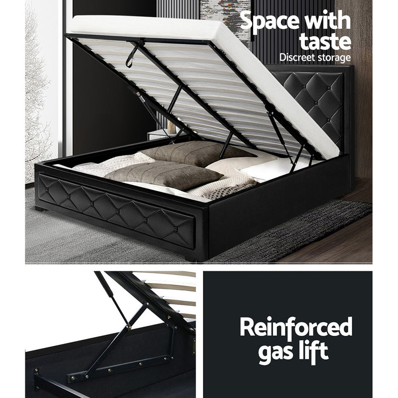 Artiss Bed Frame Double Size Gas Lift Base With Storage Black Leather