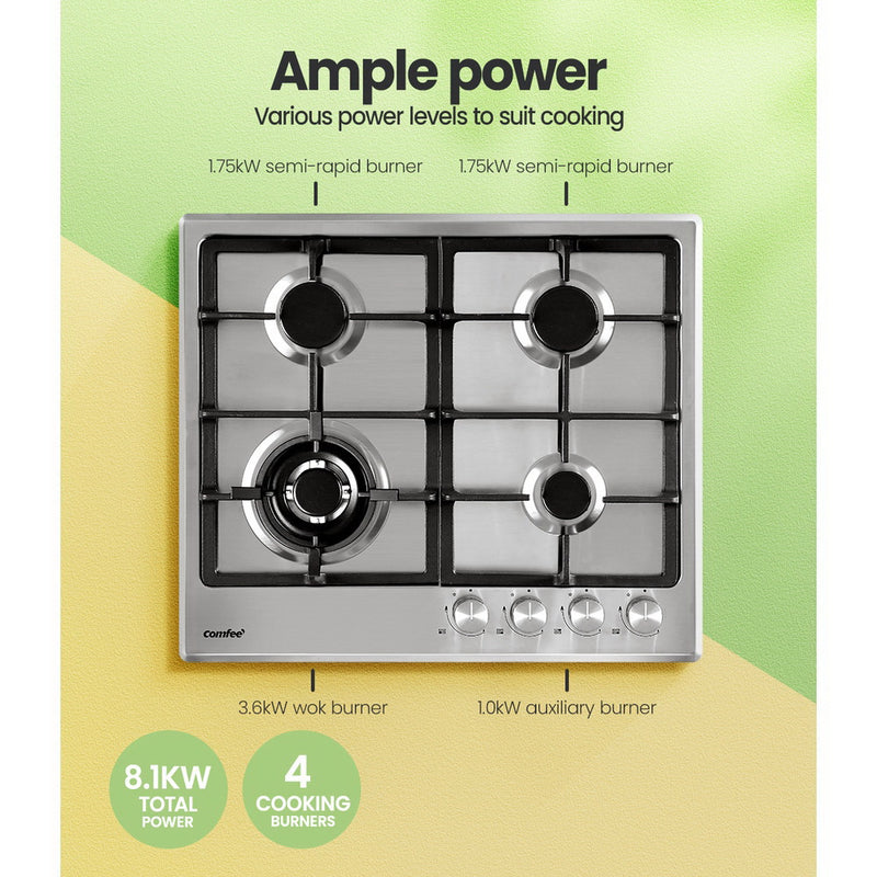 Comfee 60cm Gas Cooktop Stainless Steel 4 Burners Kitchen Stove Cook Top NG LPG