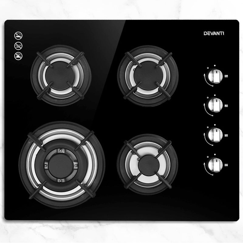 Devanti Gas Cooktop 60cm 4 Burner Glass Cook Top Cooker Stove Hob NG LPG Black