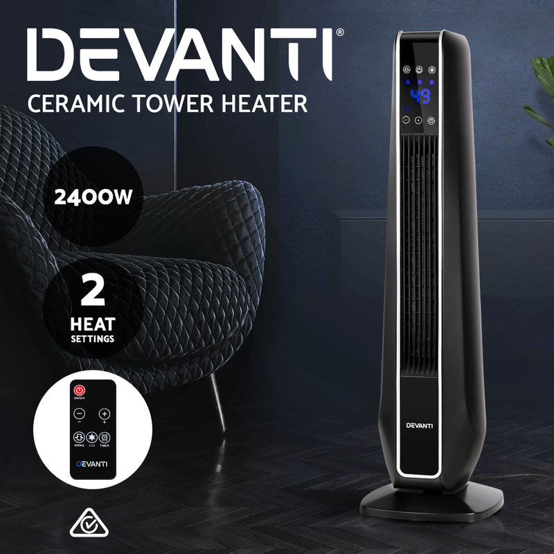 Devanti Electric Ceramic Tower Fan Heater Portable Oscillating Remote Control 2400W Black