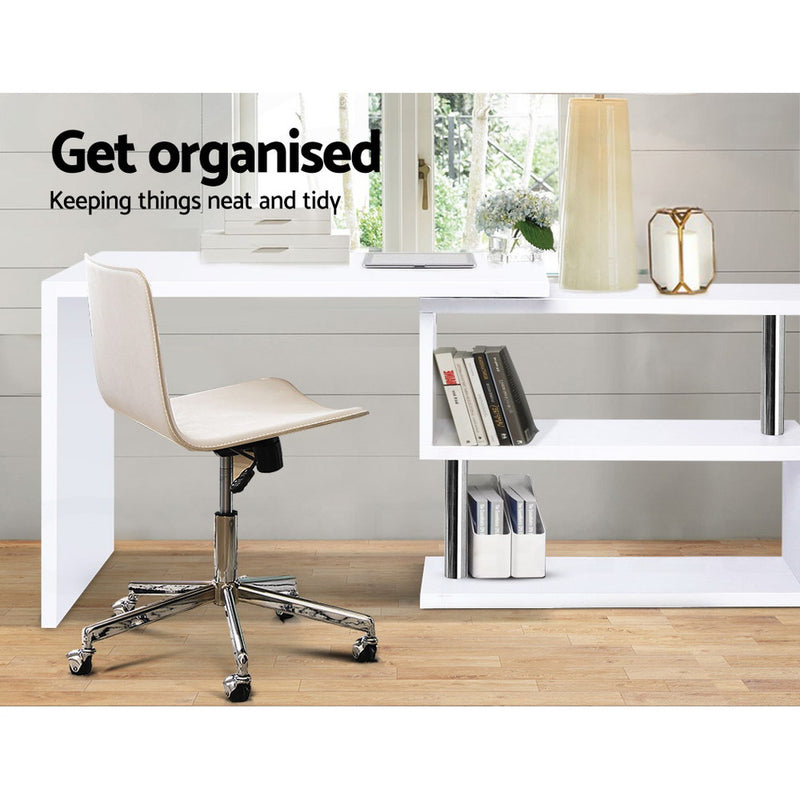 Artiss Rotary Corner Desk with Bookshelf - White