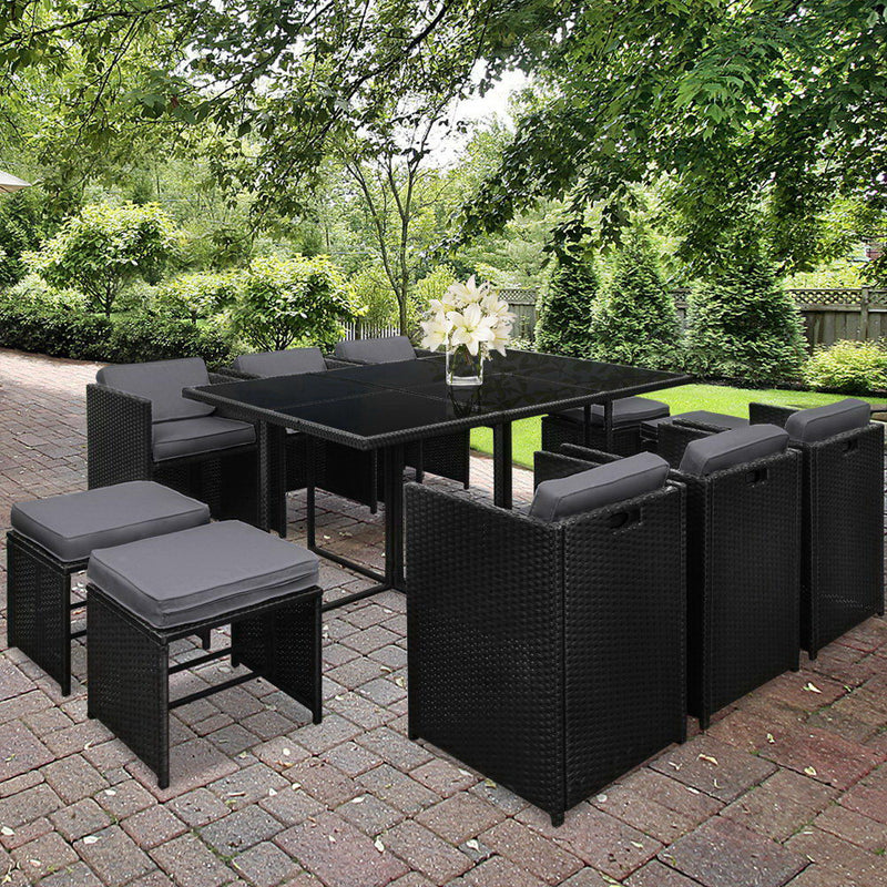 Gardeon 11 Piece PE Wicker Outdoor Dining Set - Black