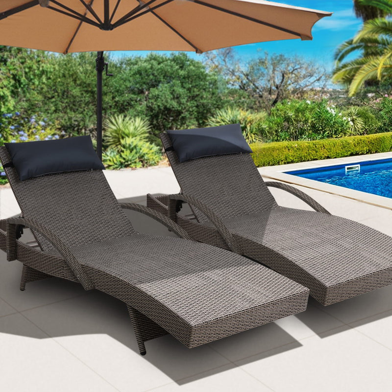 Gardeon Set of 2 Sun Lounge Outdoor Furniture Wicker Lounger Rattan Day Bed Garden Patio Grey