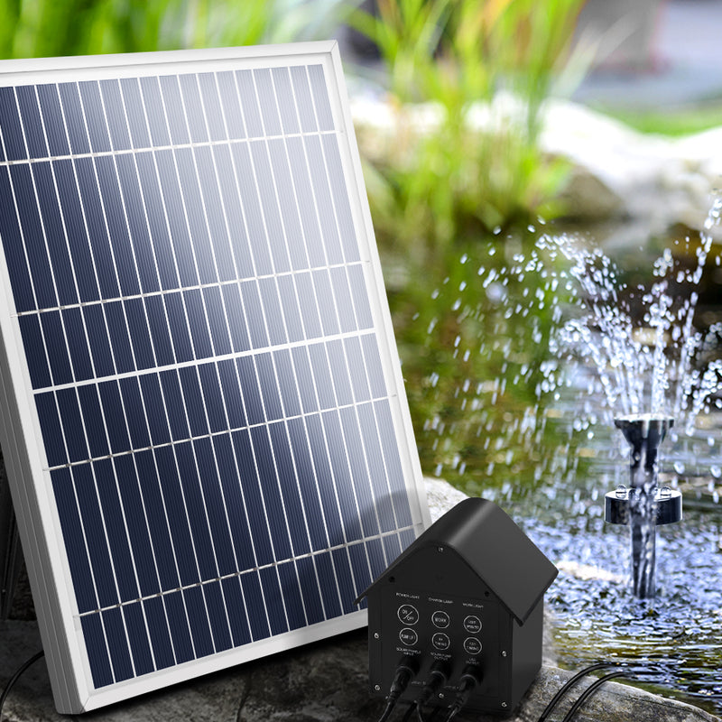 Solar Pond Pump with Battery Powered Submersible Kit LED Light & Remote 8.8 FT