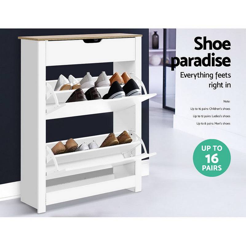 Artiss Shoe Cabinet Rack Storage Organiser Cupboard Shelf Drawer 16 Pairs White