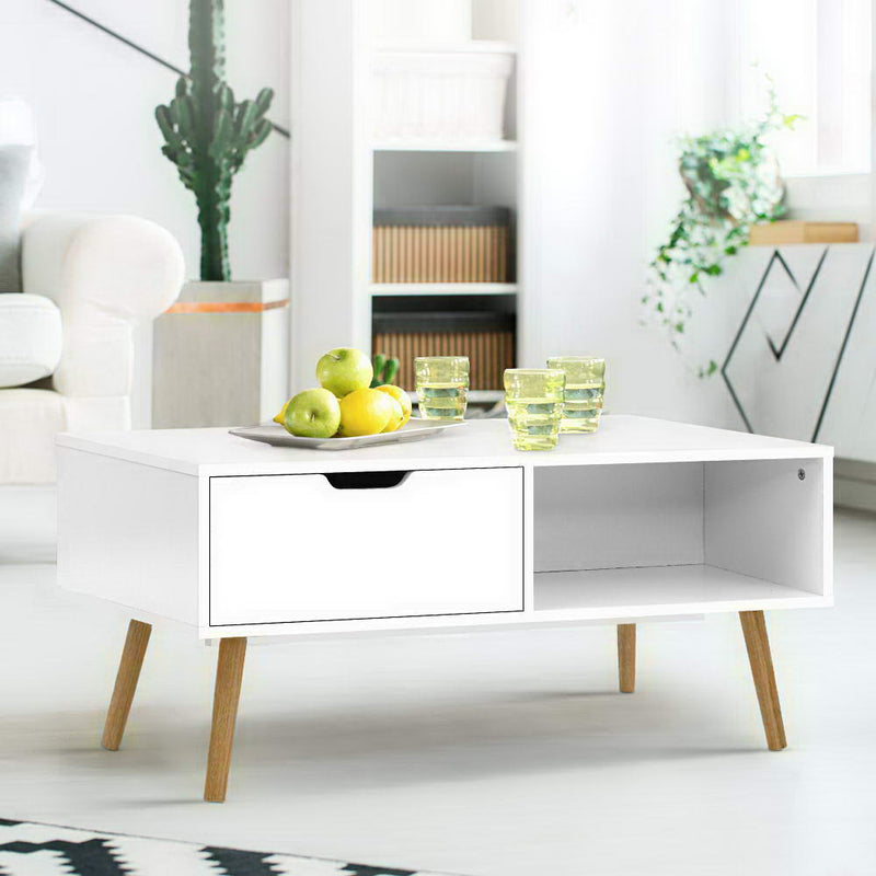 Artiss Coffee Table Storage Drawer Open Shelf Wooden Legs Scandinavian White