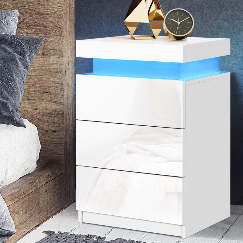 Artiss Bedside Tables Side Table 3 Drawers RGB LED High Gloss Nightstand White