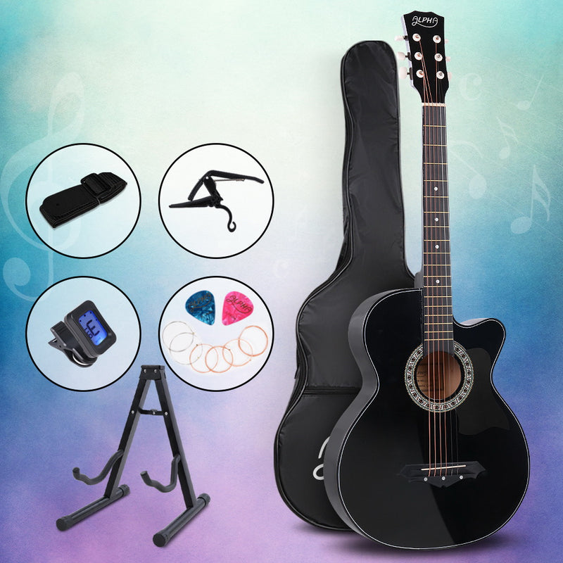 ALPHA 38 Inch Wooden Acoustic Guitar with Accessories set Black