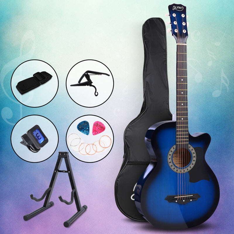 ALPHA 38 Inch Wooden Acoustic Guitar with Accessories set Blue