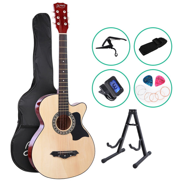 ALPHA 38 Inch Wooden Acoustic Guitar with Accessories set Natural Wood