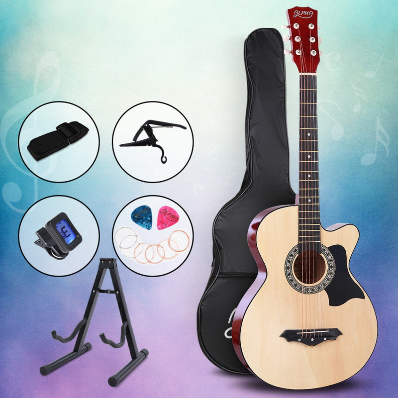 ALPHA 38 Inch Wooden Acoustic Guitar with Accessories set Natural Wood