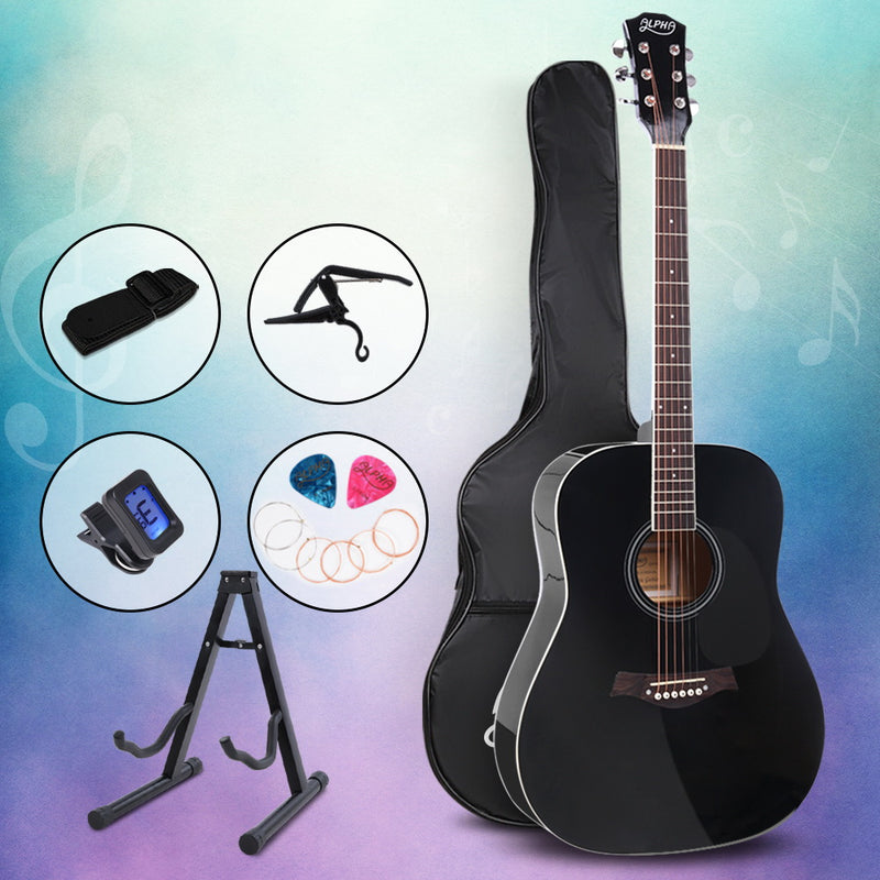 ALPHA 41 Inch Wooden Acoustic Guitar with Accessories set Black