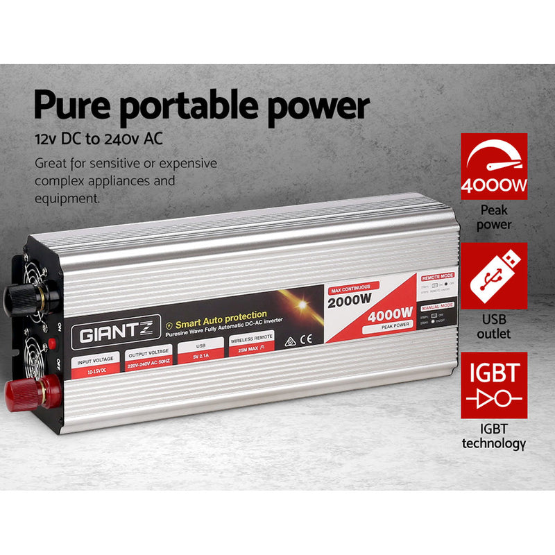 Giantz Power Inverter 2000W or 4000W Pure Sine Wave 12V-240V Camping Boat Caravan