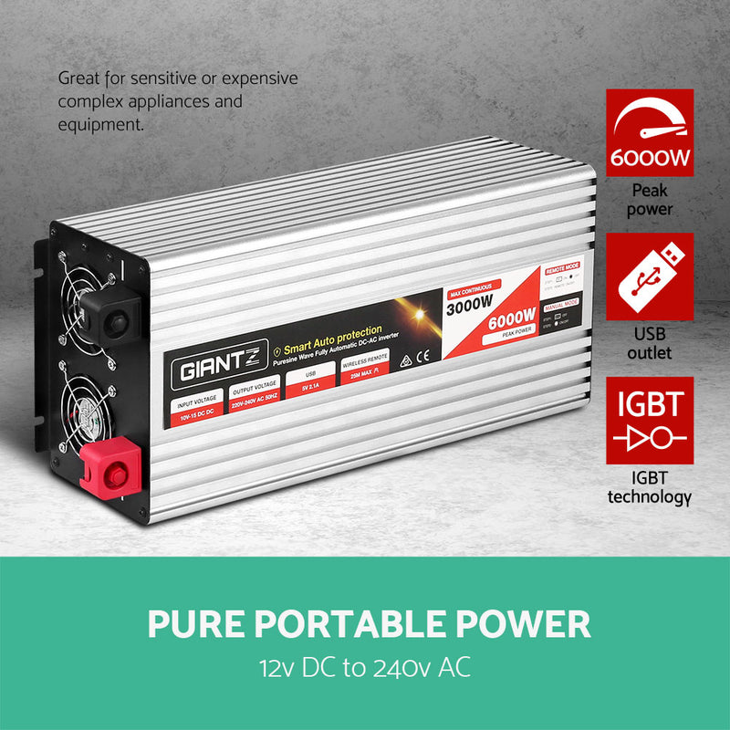 Giantz Power Inverter 3000W or 6000W Pure Sine Wave 12V-240V Camping Boat Caravan