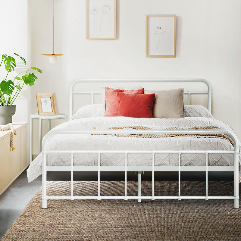 Metal Bed Frame Queen Size Platform Foundation Mattress Base Leo White