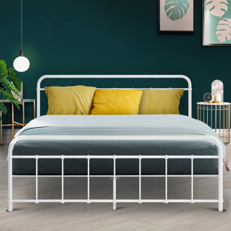 Metal Bed Frame Queen Size Platform Foundation Mattress Base Leo White