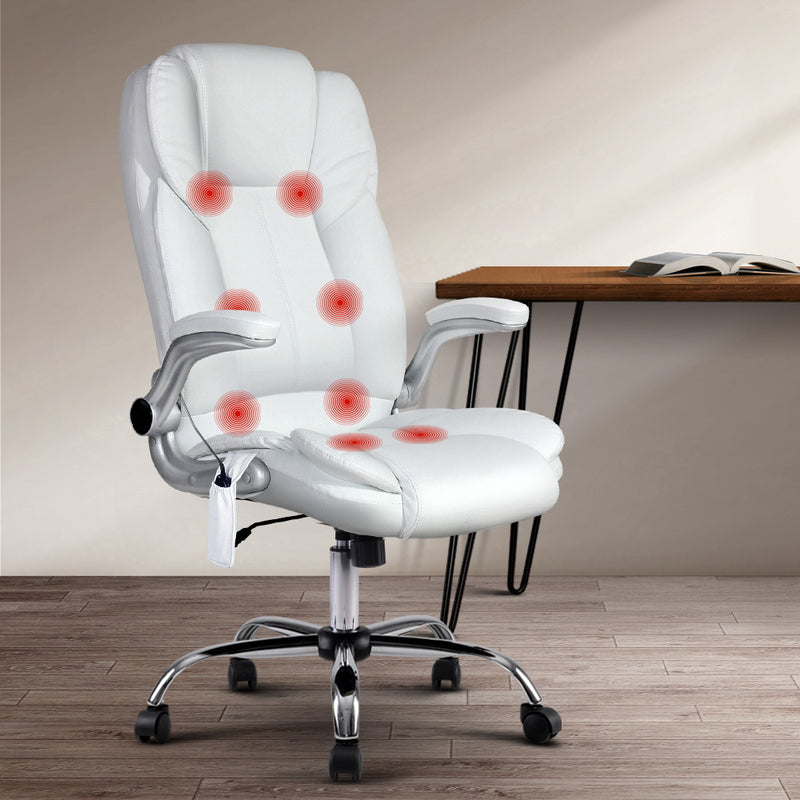 PU Leather 8 Point Massage Office Chair - White