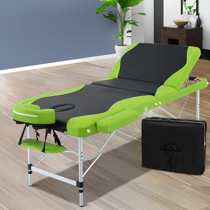 Zenses 3 Fold Portable Aluminium Massage Table - Green & Black