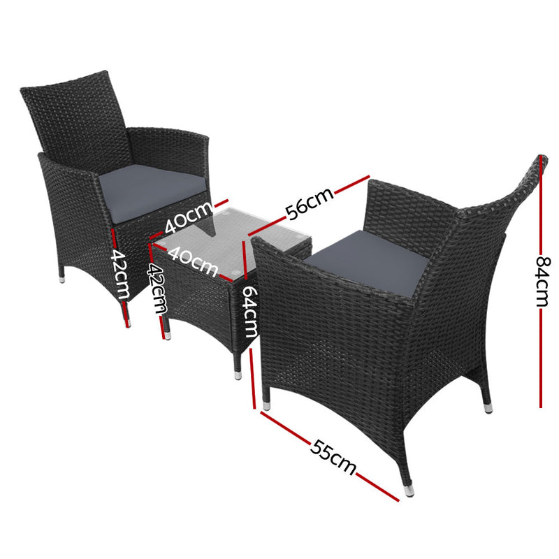 Gardeon 3 Piece Wicker Outdoor Furniture Set - Black