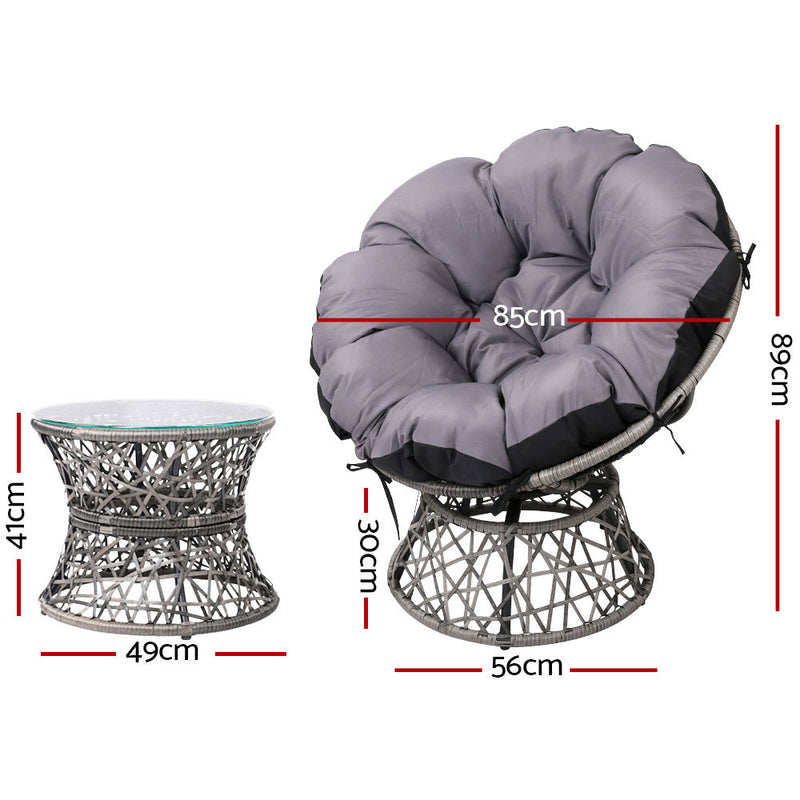 Gardeon Papasan Chair and Side Table Set- Grey