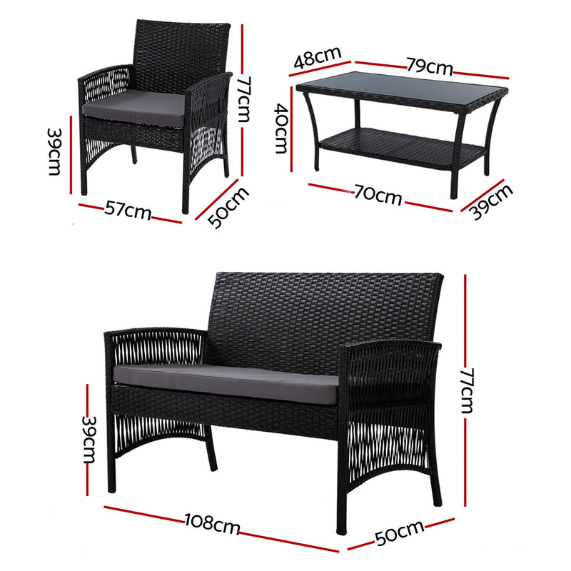 Gardeon Outdoor Furniture Set Wicker Cushion 4pc Black