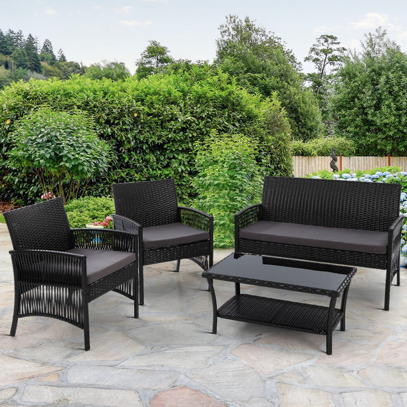 Gardeon Outdoor Furniture Set Wicker Cushion 4pc Black