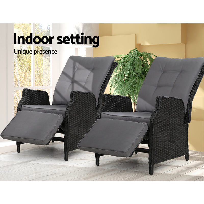 Gardeon Set of 2 Recliner Chairs Sun lounge Outdoor Furniture Setting Patio Wicker Sofa Black