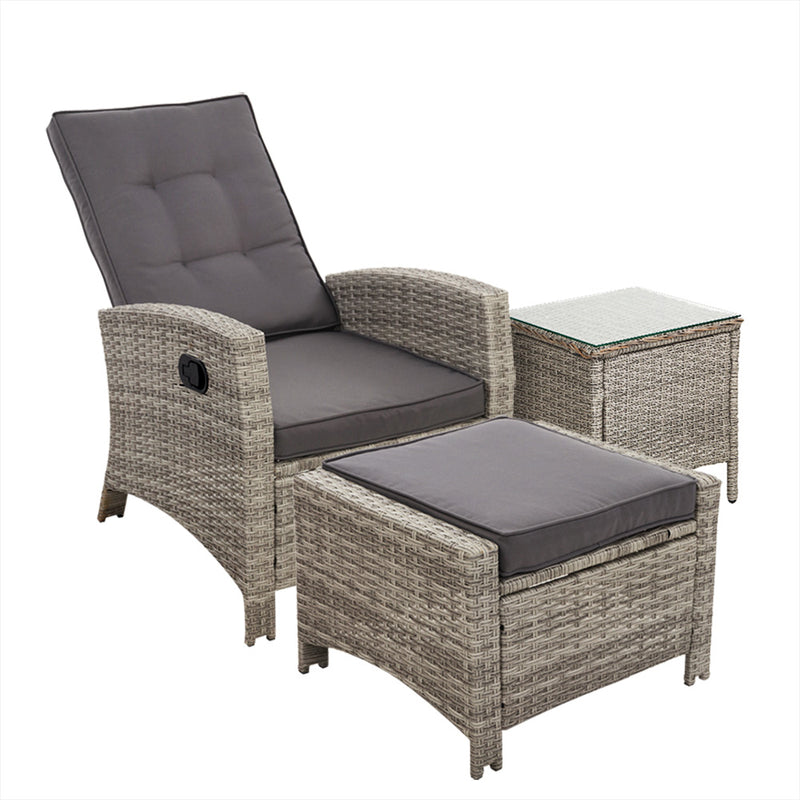 Gardeon Outdoor Setting Recliner Chair Table Set Wicker lounge Patio Furniture Grey