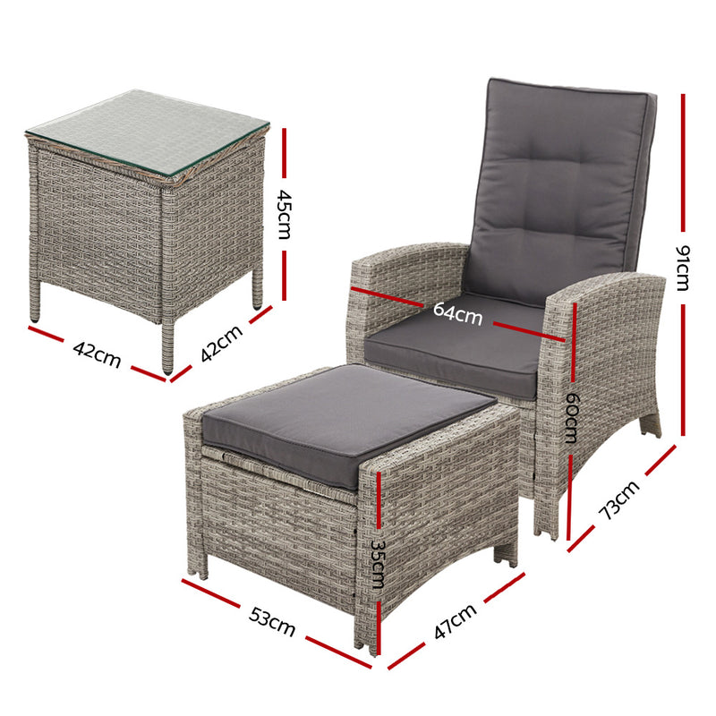 Gardeon Outdoor Patio Furniture Recliner Chairs Table Setting Wicker Lounge 5pc Grey