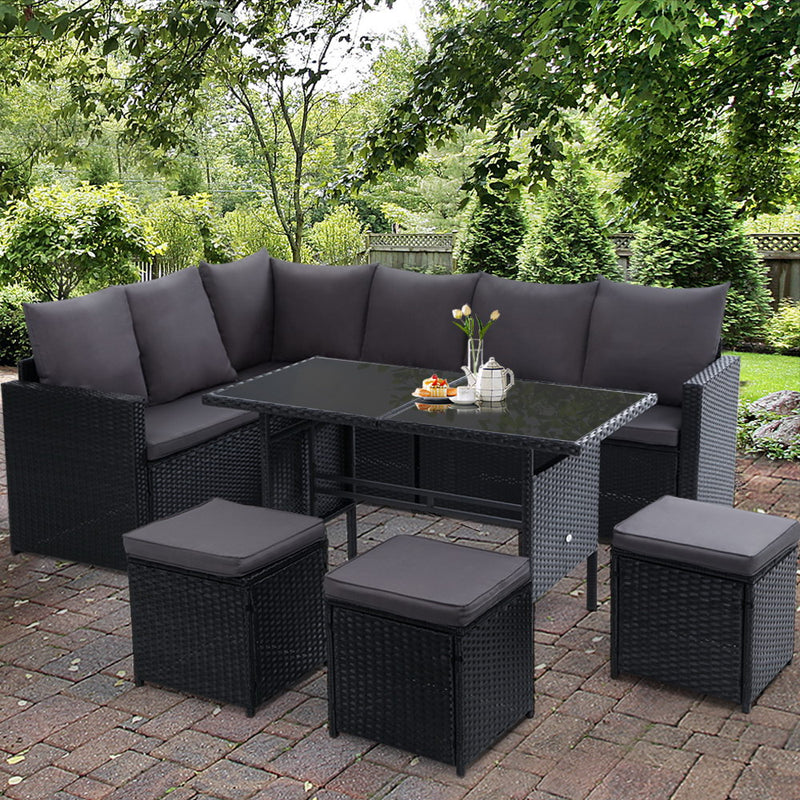 Gardeon Outdoor Furniture Dining Setting Sofa Set Lounge Wicker 9 Seater Black