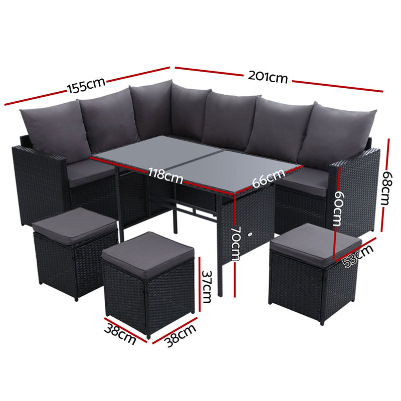 Gardeon Outdoor Furniture Dining Setting Sofa Set Wicker 9 Seater Storage Cover Black