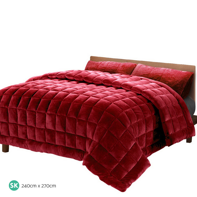 Giselle Bedding Faux Mink Quilt Comforter Fleece Throw Blanket Doona Burgundy Super King