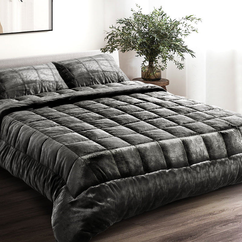 Giselle Bedding Faux Mink Quilt Plush Throw Blanket Comforter Duvet Cover Charcoal Double