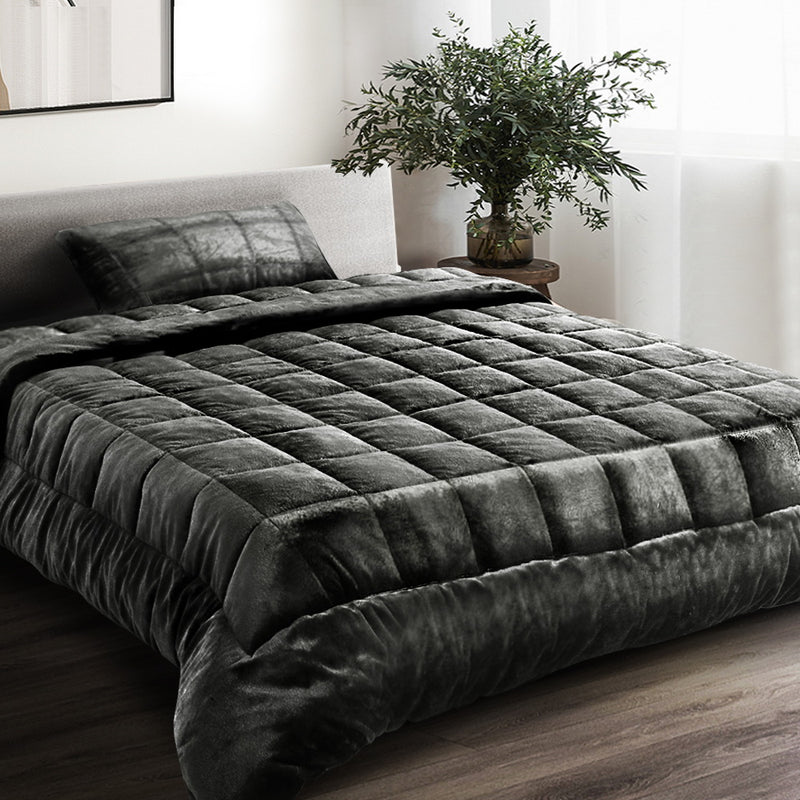 Giselle Bedding Faux Mink Quilt Fleece Throw Blanket Comforter Duvet Charcoal Single