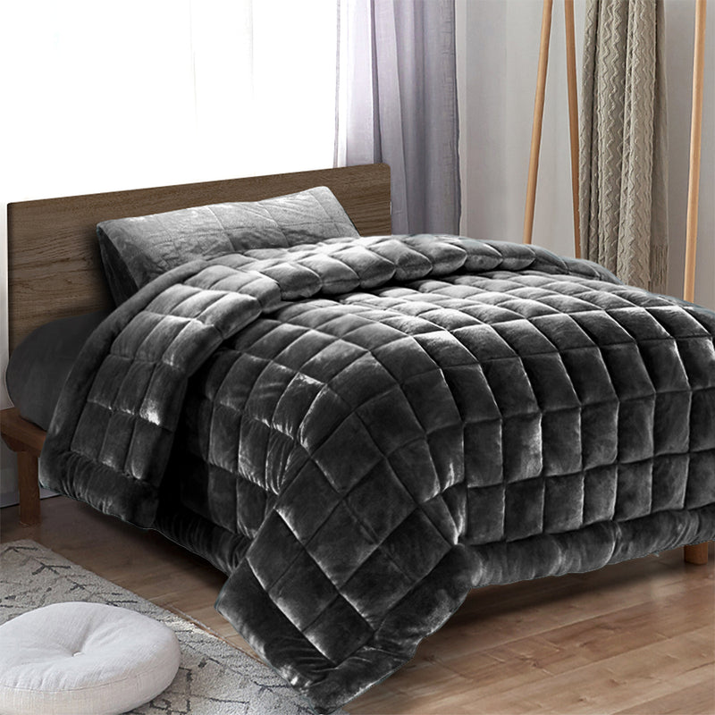 Giselle Bedding Faux Mink Quilt Fleece Throw Blanket Comforter Duvet Charcoal Single