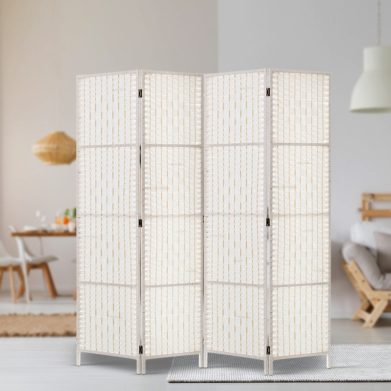 Artiss 4 Panels Room Divider Screen Privacy Rattan Timber Fold Woven Stand White