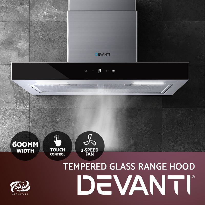 Devanti Rangehood 600mm Range Hood 60cm Stainless Steel Glass Kitchen Canopy