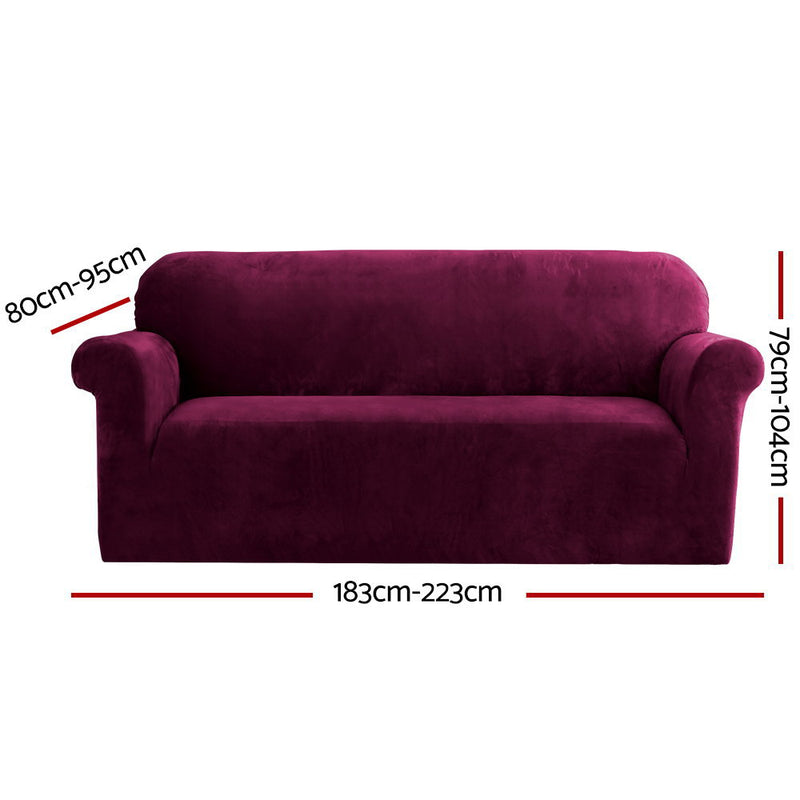 Artiss Velvet Sofa Cover Plush Couch Cover Lounge Slipcover 3 Seater Ruby Red