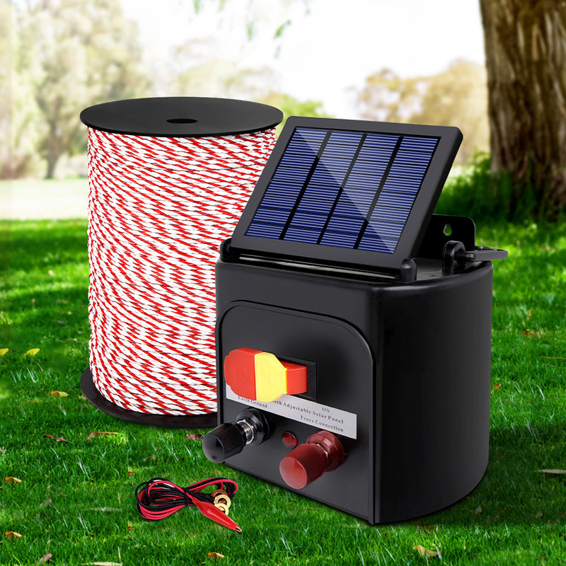 Giantz Electric Fence Energiser 5km Solar Powered Charger + 500m Rope