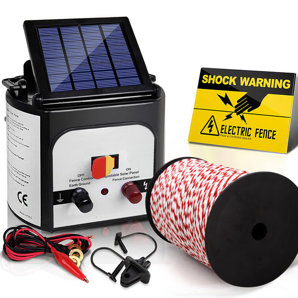 Giantz Electric Fence Energiser 8km Solar Powered Charger + 500m Polytape Rope