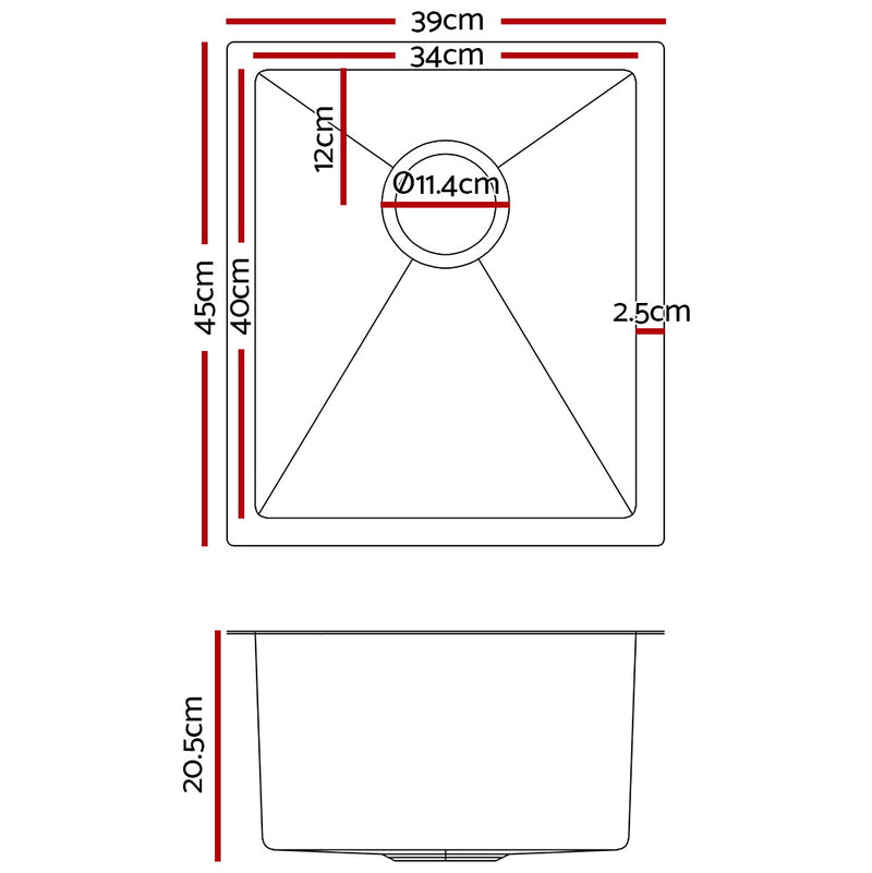 Cefito 39cm x 45cm Stainless Steel Kitchen Sink Under/Top/Flush Mount Silver