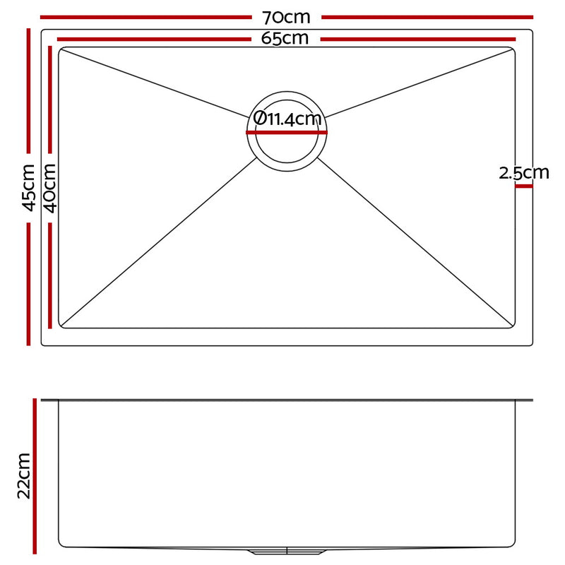 Cefito 70cm x 45cm Stainless Steel Kitchen Sink Under/Top/Flush Mount Black