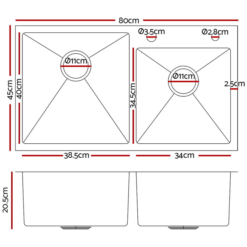 Cefito 80cm x 45cm Stainless Steel Kitchen Sink Flush/Drop-in Mount Silver